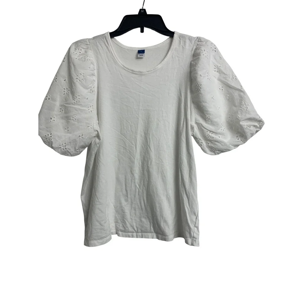 Old Navy White Eyelet Puff Sleeve Knit Top Blouse Large L Cotton